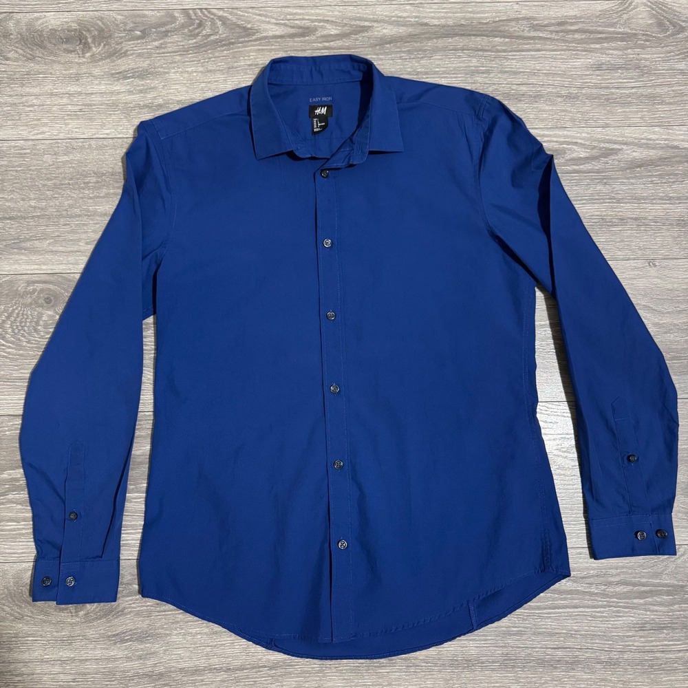 H&M Easy Iron Men's Button Down Shirt‎ Royal Blue Long Sleeve Size Large
